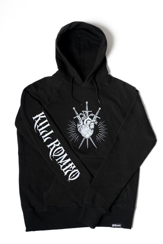 Black hoodie with screen printed pierced heart design in the front and kill Romeo lettering on the right sleeve.
