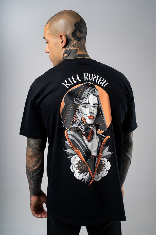 Black T-Shirt with a neotraditional design of Juliet holding a poison potion.