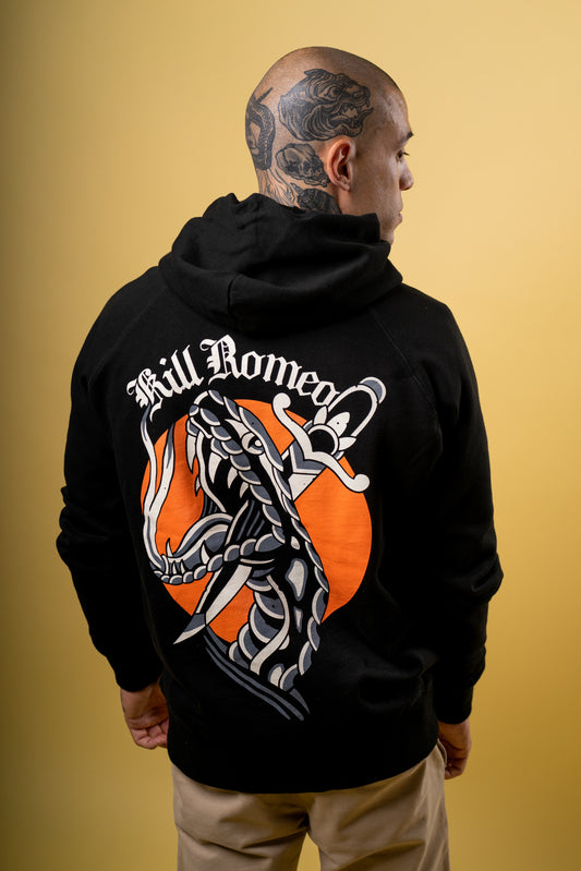 Black sweatshirt with traditional style snake and a dagger.