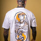 White T-shirt with a neotraditional design showing Romeo getting stabbed by two daggers.